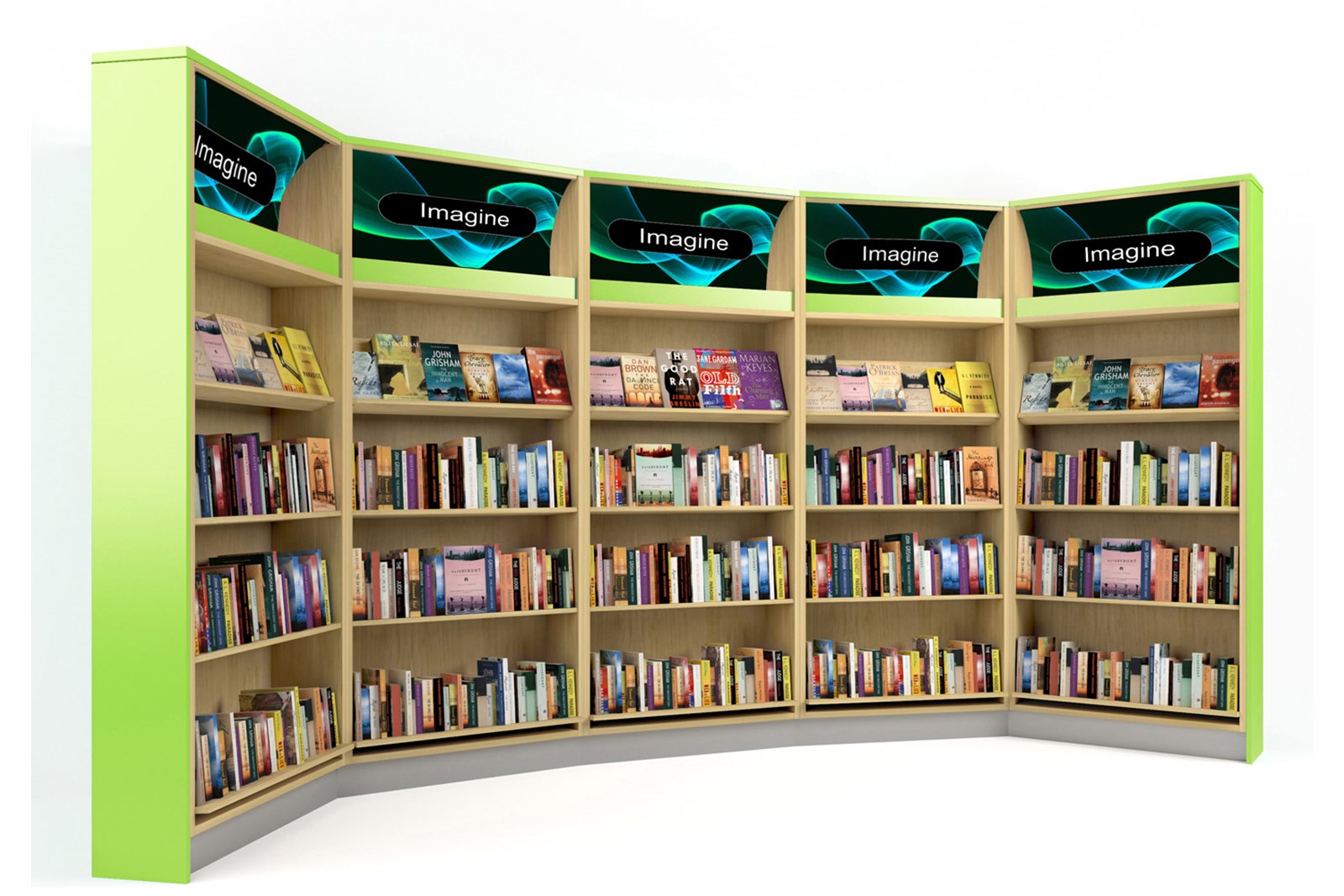 Library shelving with retail-style lightboxes